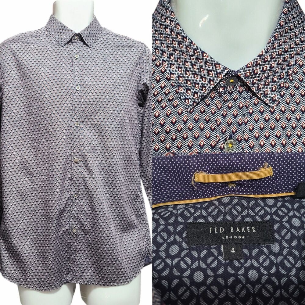 Ted Baker Shirt Men's 4 (Large)  Blue/Red Geometric Long Sleeve Flip Cuff Career